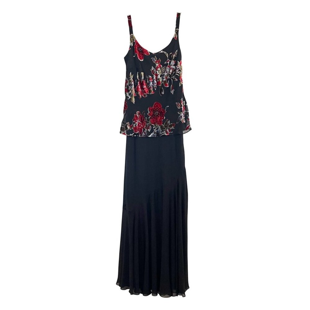 Vintage Xscape Black & Red Velvet Beaded Floral‎ Maxi Gown Y2K Whimsigoth Size 8